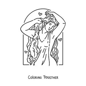 Coloring page of the Greek goddess Aphrodite combing her hair