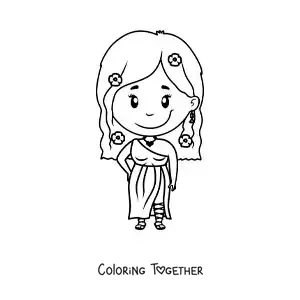 Coloring page of the Greek goddess Aphrodite, animated and kawaii