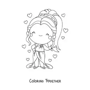 Coloring page of the goddess Aphrodite, kawaii style, with hearts