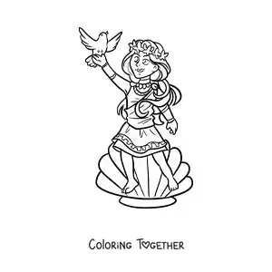 Coloring page of the animated goddess Aphrodite with a seashell and a dove