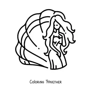 Coloring page of Aphrodite the animated Greek goddess with a scallop shell