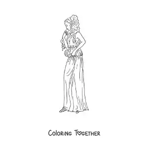 Coloring page of Aphrodite the goddess of beauty, animated, with her tunic