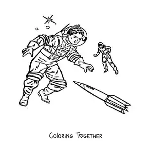Coloring page of two astronauts floating in space