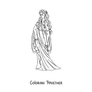 Coloring page of Aphrodite the goddess of love, animated, with her tunic