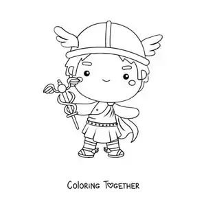 Coloring page of the god Hermes, animated and kawaii, with his caduceus
