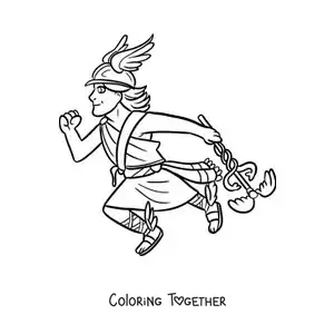 Coloring page of the god Hermes, animated and kawaii, flying with his winged sandals