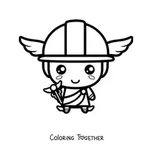 Coloring page of kawaii Hermes with his helmet and his staff