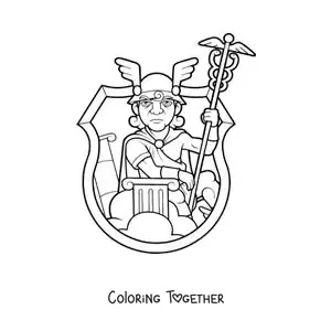 Coloring page of a cartoon of Hermes the messenger with his helmet