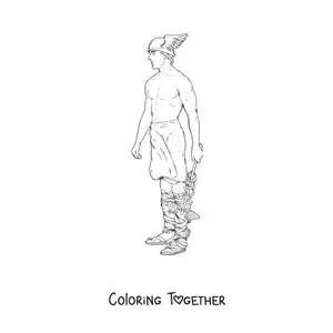 Coloring page of a realistic Hermes with his winged helmet and his staff
