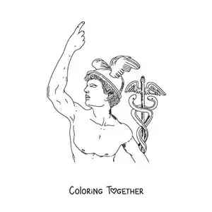 Coloring page of a realistic statue of Hermes with his helmet and his staff