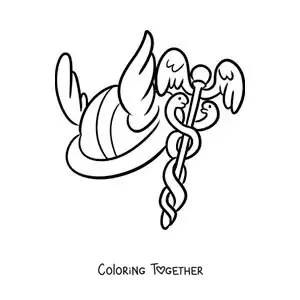 Coloring page of the winged helmet of Hermes and the caduceus