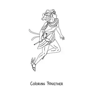 Coloring page of the Greek god Hermes, animated, flying with his winged slippers