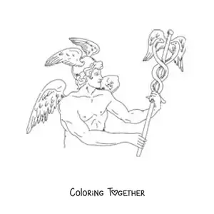 Coloring page of the messenger god Hermes, realistic, holding his staff