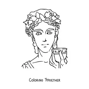 Coloring page of the god Dionysus, anime style, drinking a glass of wine