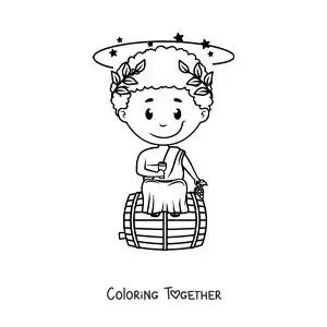 Coloring page of the god Dionysus, animated and kawaii, sitting on a wine barrel