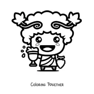 Coloring page of kawaii Dionysus with a glass of wine