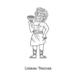 Coloring page of an animated Dionysus drinking a glass of wine