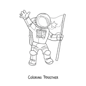 Coloring page of an astronaut in a spacesuit waving and holding a flag