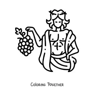 Coloring page of an animated Dionysus, easy, with a bunch of grapes