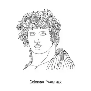 Coloring page of a statue of the face of Dionysus with his crown of leaves