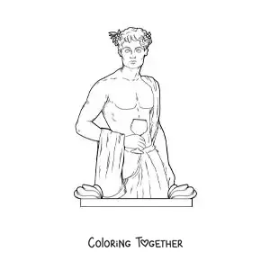 Coloring page of the god of wine Dionysus, realistic, drinking wine