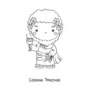 Coloring page of the god of wine Dionysus, animated and kawaii, drinking wine