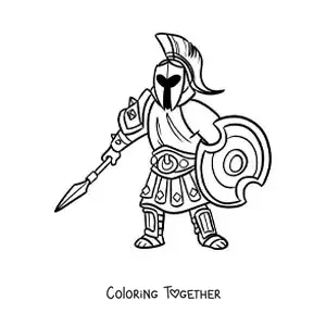 Coloring page of the Greek god Ares, animated, with his armor