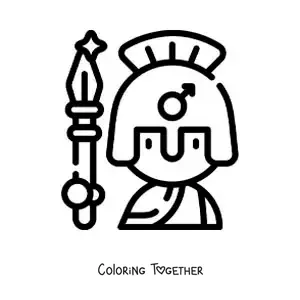 Coloring page of Ares the Greek god, cartoon style, with his spear