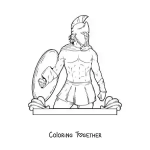 Coloring page of Ares the Greek god, realistic, with his helmet and shield