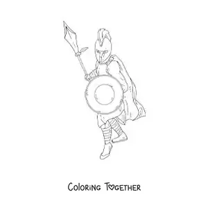 Coloring page of the god Ares, realistic, with his shield and his spear