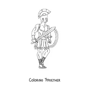 Coloring page of the god Ares from Greek mythology with his armor and his helmet