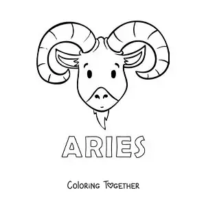 Coloring page of the Aries sign, cartoon style, with its name