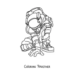 Coloring page of an astronaut in a spacesuit crouching down