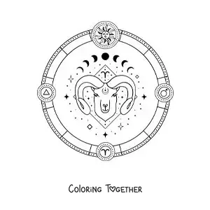 Coloring page of the Aries zodiac sign with its symbol