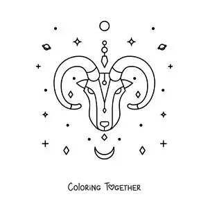 Coloring page of the ram of the Aries sign with stars and planets
