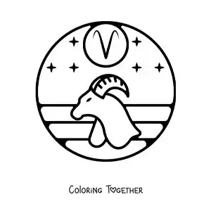 Coloring page of the ram of the Aries sign with its symbol