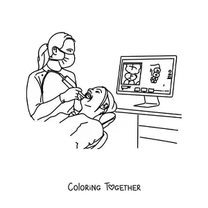 Coloring page of a woman dentist and a patient in the exam chair