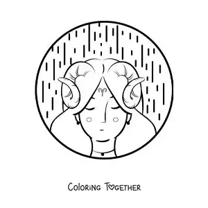 Coloring page of a cartoon Aries sign girl with the Aries symbol