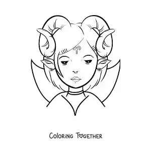 Coloring page of a cartoon Aries sign girl with the ram symbol
