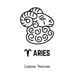 Coloring page of a cartoon ram of Aries with the ram symbol and the name