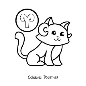 Coloring page of a cartoon Aries sign cat with its symbol