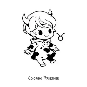 Coloring page of a Taurus sign girl, kawaii cartoon style, with her symbol