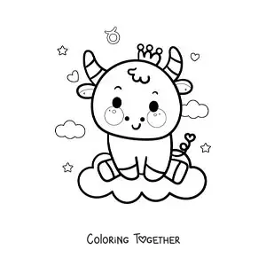Coloring page of the bull of the Taurus sign, kawaii cartoon style, with its symbol