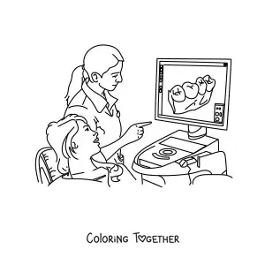 Coloring page of a woman dentist showing a patient their teeth on a screen