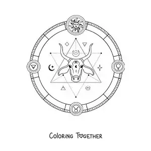 Coloring page of the Taurus zodiac sign with its symbols