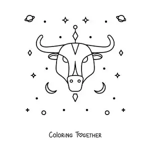Coloring page of the bull of the Taurus sign with stars and planets