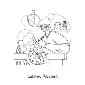 Coloring page of a woman dentist treating a girl at the office