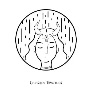 Coloring page of a cartoon Taurus girl with the symbol of the sign