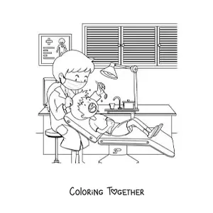 Coloring page of a woman dentist and a boy at the dental office