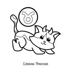 Coloring page of a cartoon Taurus sign cat with its symbol